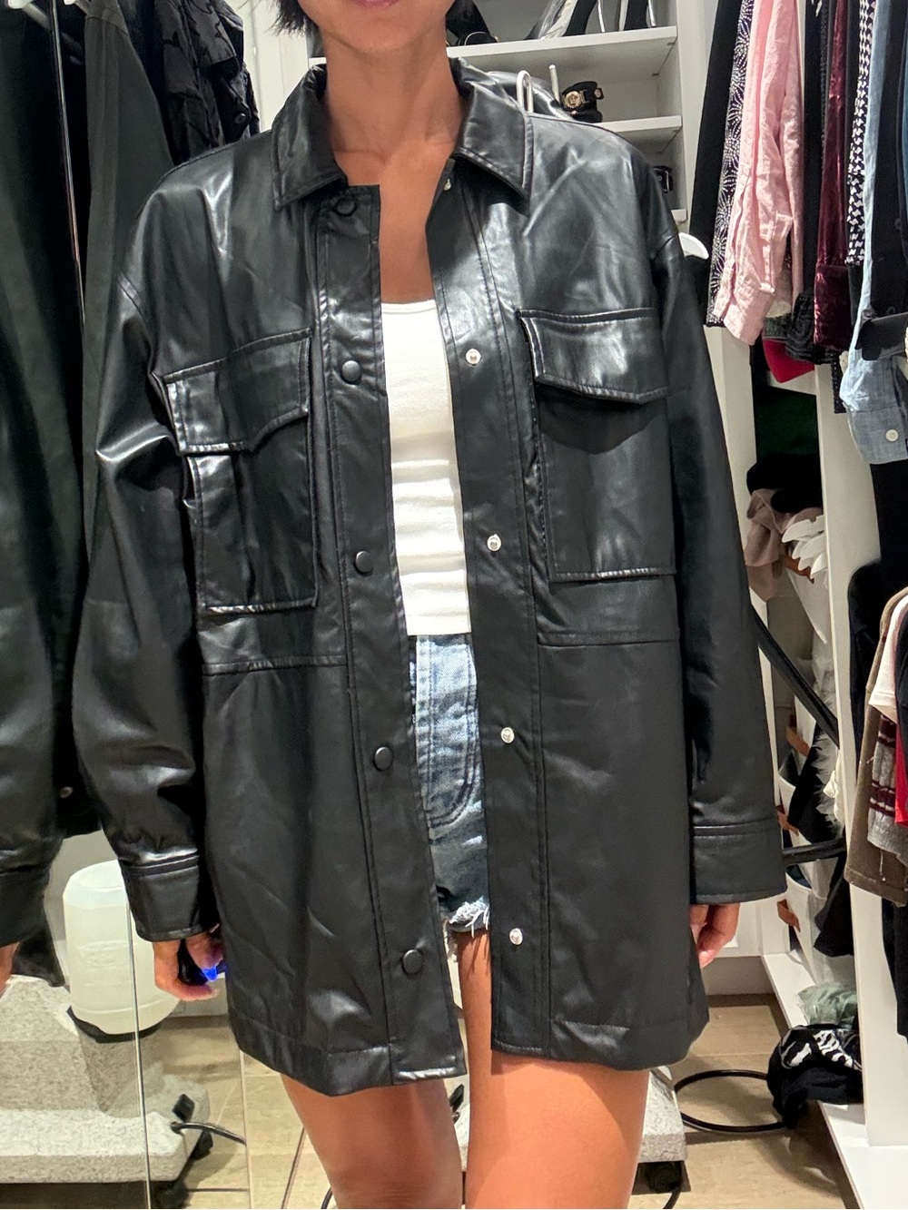 Zara Black Faux Leather Shirt Jacket